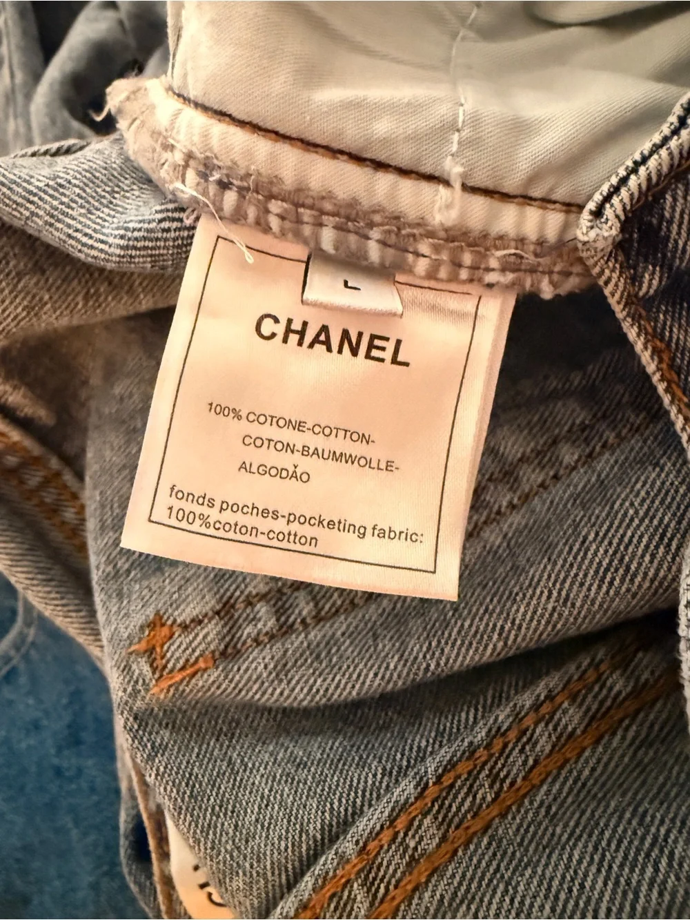 CHANEL Blue Denim Flare Jeans with Logo Motif